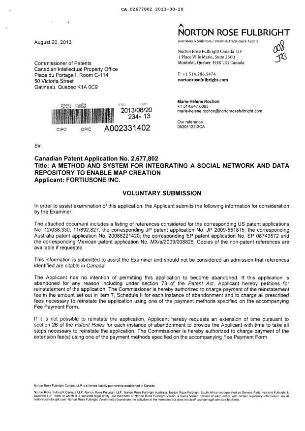Canadian Patent Document 2677802. Prosecution-Amendment 20130820. Image 1 of 2