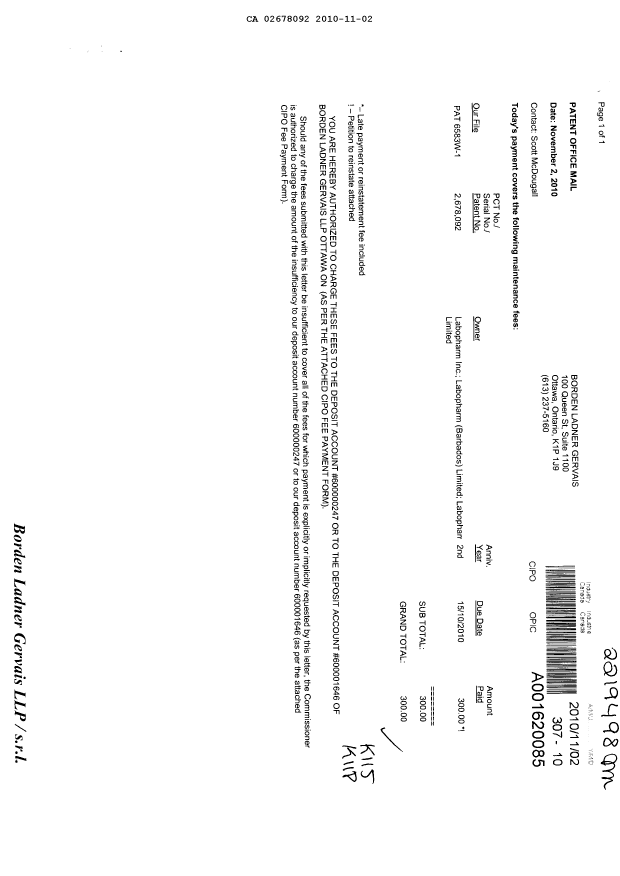 Document de brevet canadien 2678092. Taxes 20101102. Image 1 de 2