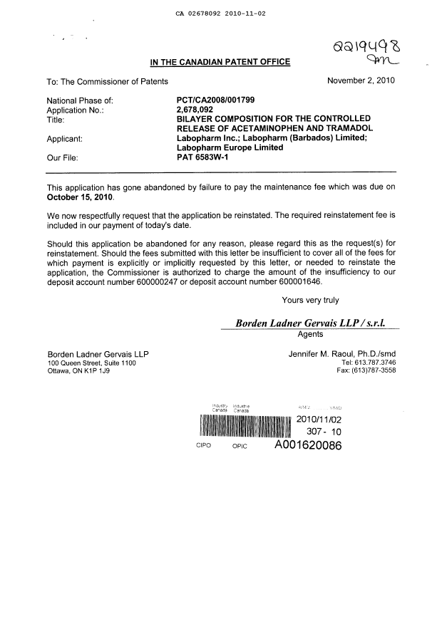 Canadian Patent Document 2678092. Fees 20101102. Image 2 of 2