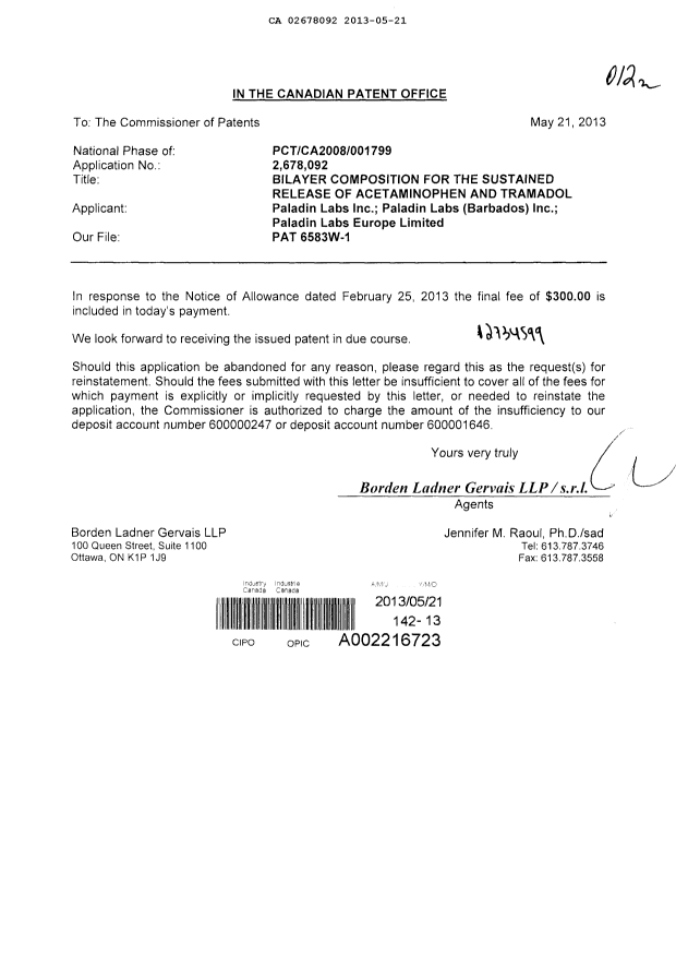 Canadian Patent Document 2678092. Correspondence 20130521. Image 1 of 1