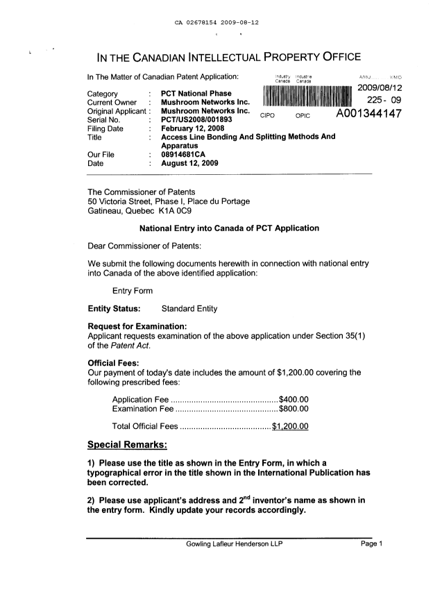 Document de brevet canadien 2678154. Cession 20090812. Image 1 de 4