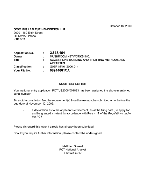 Document de brevet canadien 2678154. Correspondance 20091016. Image 1 de 1