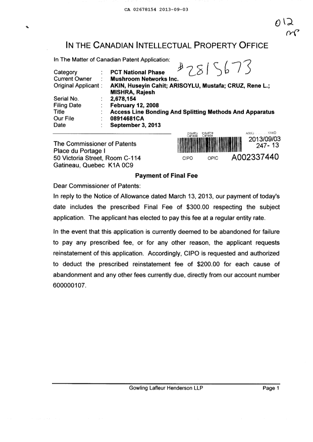 Document de brevet canadien 2678154. Correspondance 20130903. Image 1 de 2