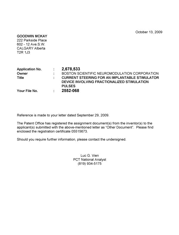 Document de brevet canadien 2678533. Correspondance 20091013. Image 1 de 1