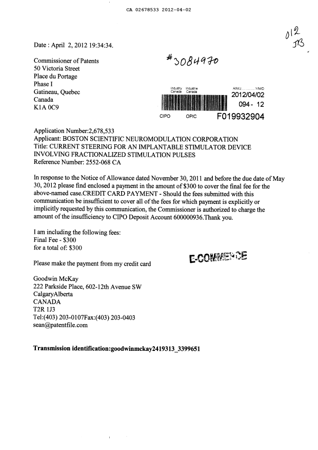 Document de brevet canadien 2678533. Correspondance 20120402. Image 1 de 1