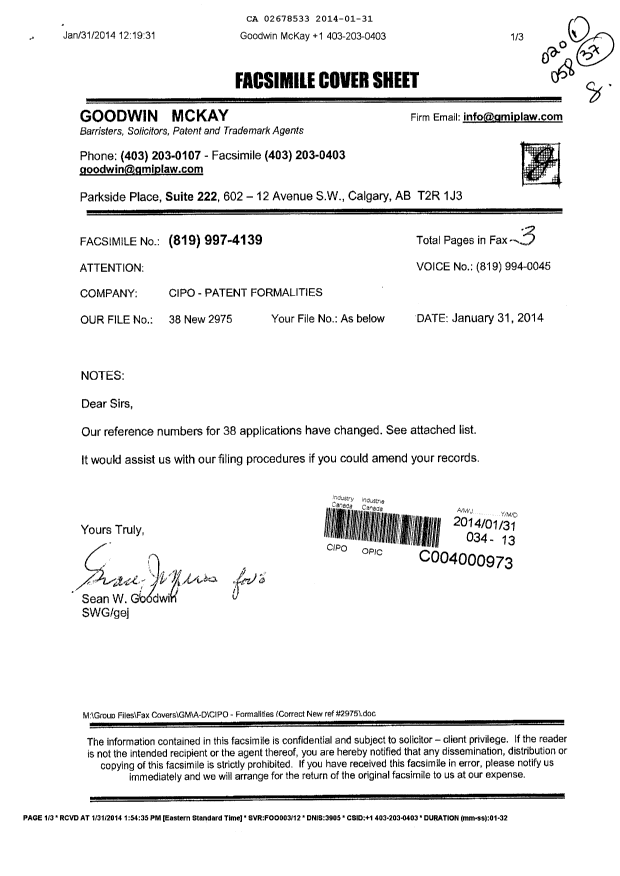 Document de brevet canadien 2678533. Correspondance 20140131. Image 1 de 3