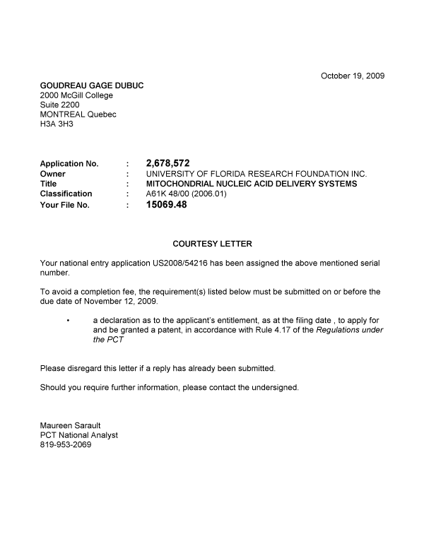 Document de brevet canadien 2678572. Correspondance 20091019. Image 1 de 1