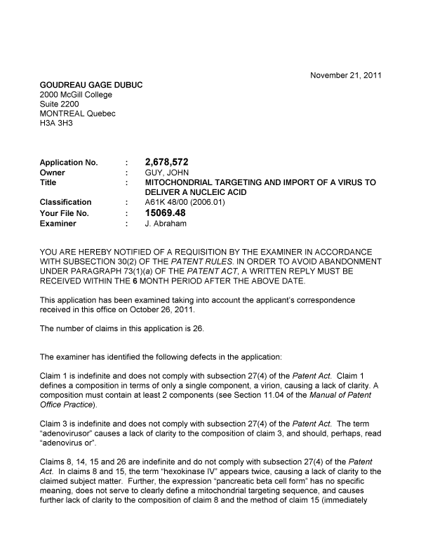 Canadian Patent Document 2678572. Prosecution-Amendment 20111121. Image 1 of 3