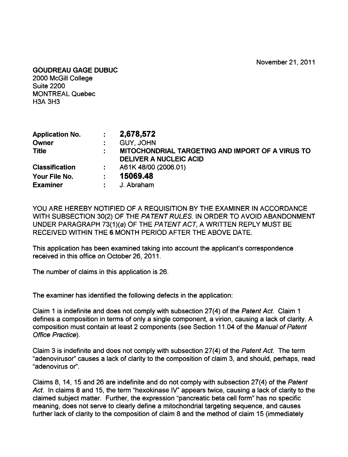 Canadian Patent Document 2678572. Prosecution-Amendment 20111121. Image 1 of 3