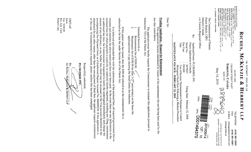 Canadian Patent Document 2679027. Fees 20100514. Image 1 of 1