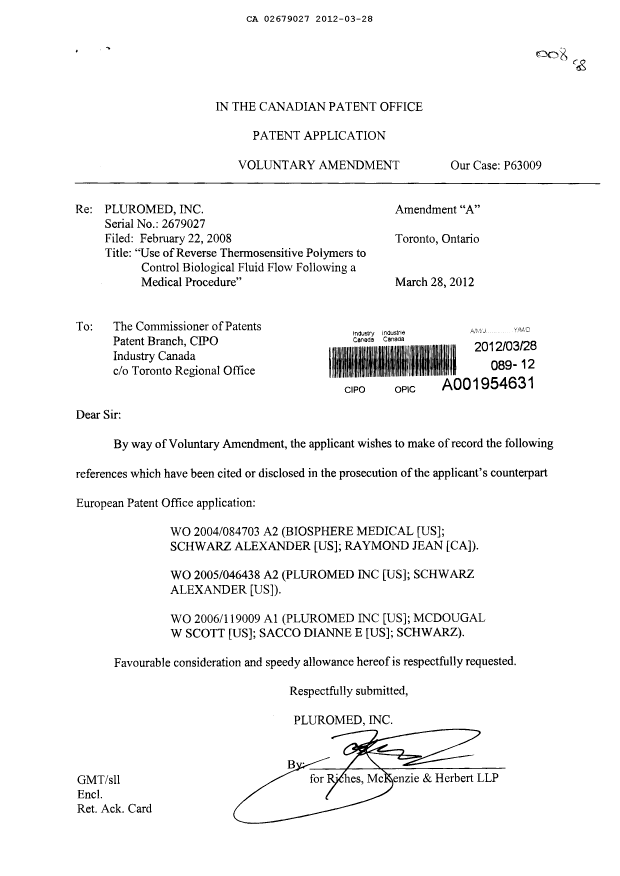 Document de brevet canadien 2679027. Poursuite-Amendment 20120328. Image 1 de 1