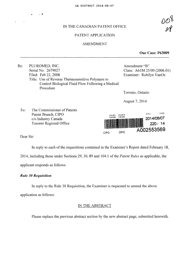 Document de brevet canadien 2679027. Poursuite-Amendment 20131207. Image 1 de 30