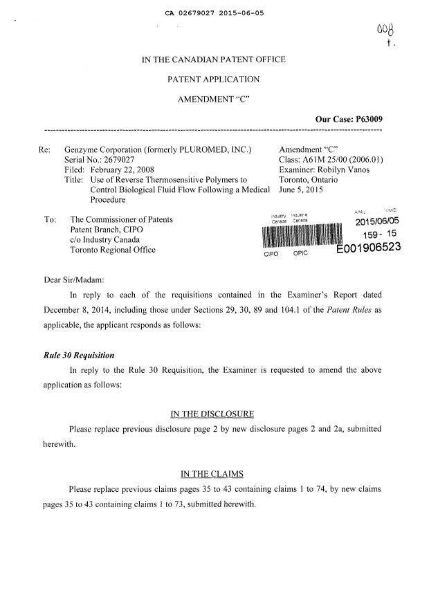 Canadian Patent Document 2679027. Prosecution-Amendment 20141205. Image 1 of 17