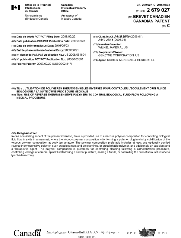 Document de brevet canadien 2679027. Page couverture 20151216. Image 1 de 1
