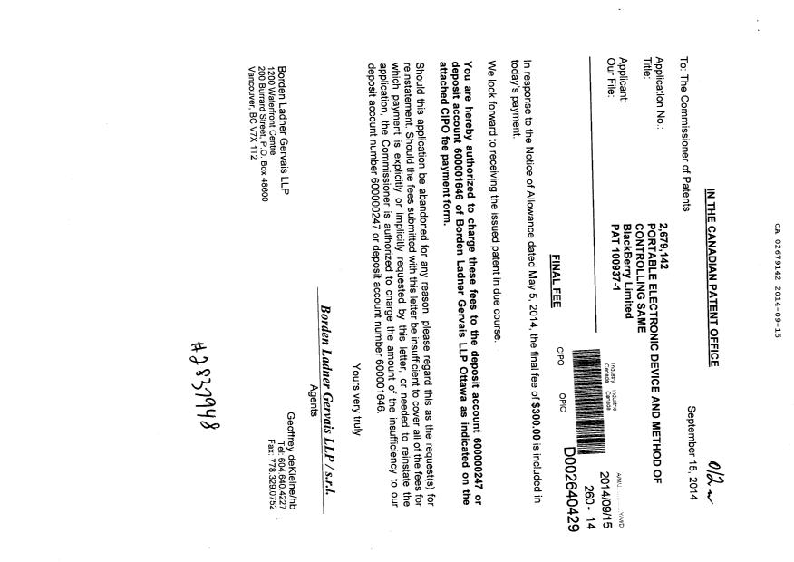 Canadian Patent Document 2679142. Correspondence 20140915. Image 1 of 1