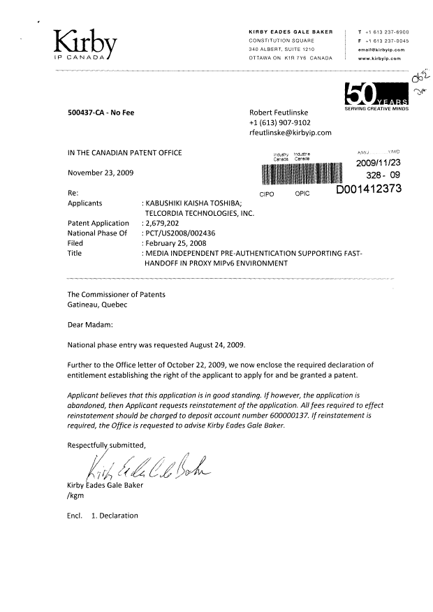 Canadian Patent Document 2679202. Correspondence 20081223. Image 1 of 2