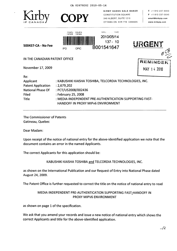 Document de brevet canadien 2679202. Correspondance 20100514. Image 1 de 2