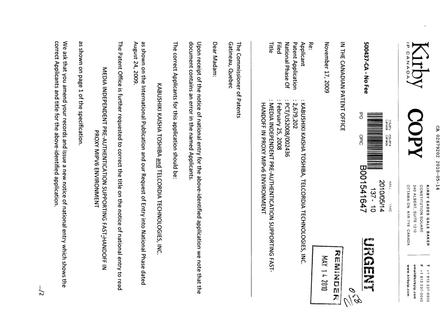 Document de brevet canadien 2679202. Correspondance 20100514. Image 1 de 2