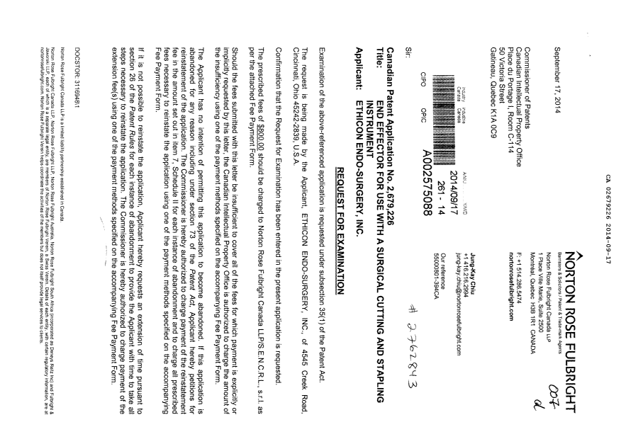 Document de brevet canadien 2679226. Poursuite-Amendment 20131217. Image 1 de 2