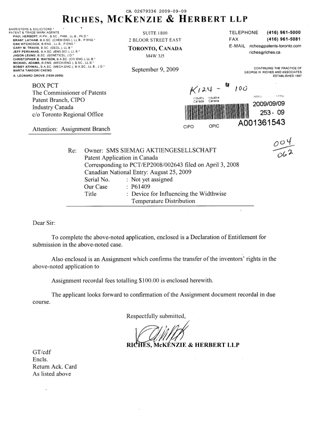 Document de brevet canadien 2679336. Cession 20090909. Image 1 de 3