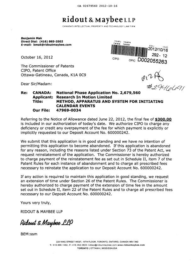 Canadian Patent Document 2679560. Correspondence 20121016. Image 1 of 1