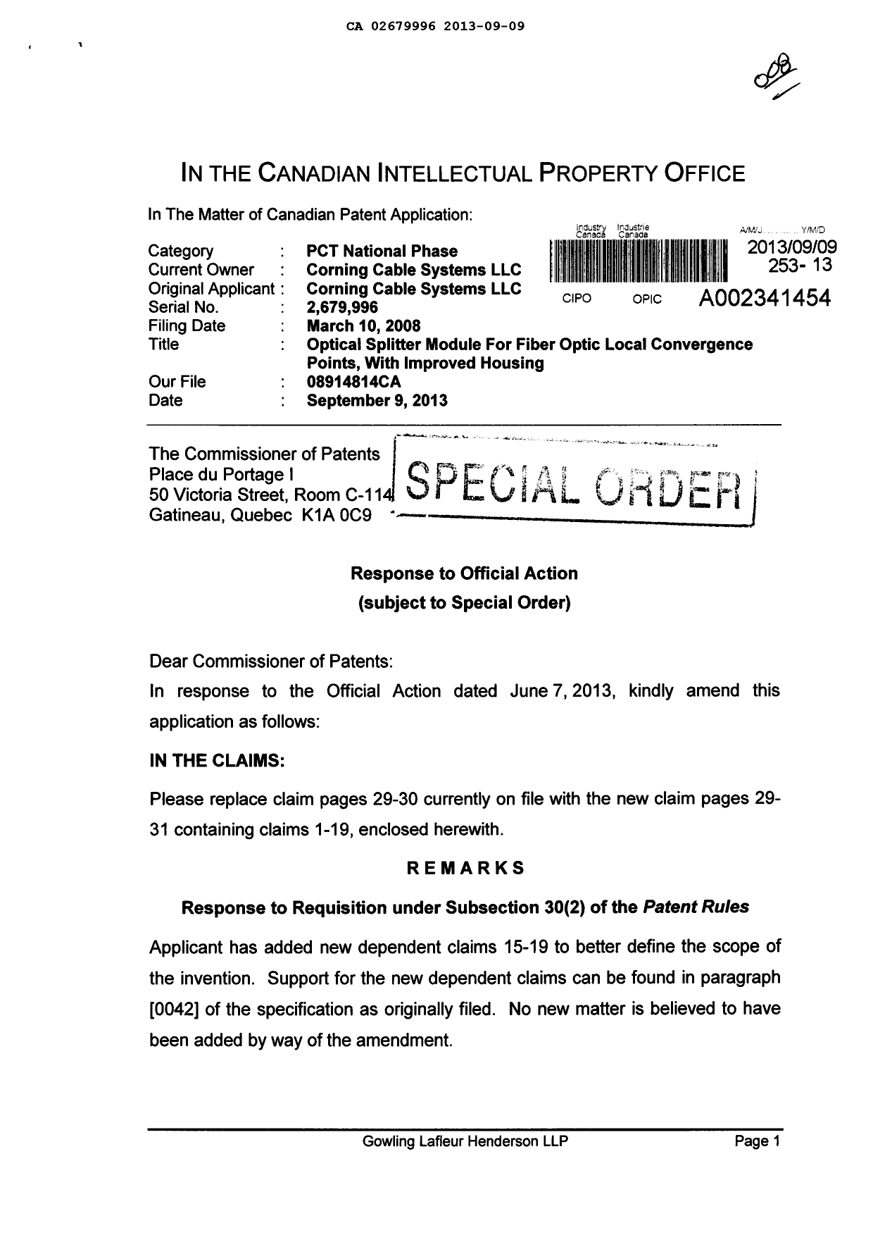 Canadian Patent Document 2679996. Prosecution-Amendment 20121209. Image 1 of 9