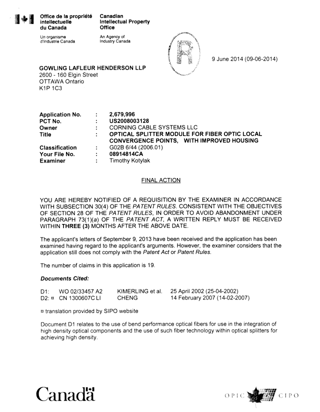 Document de brevet canadien 2679996. Poursuite-Amendment 20131209. Image 1 de 6