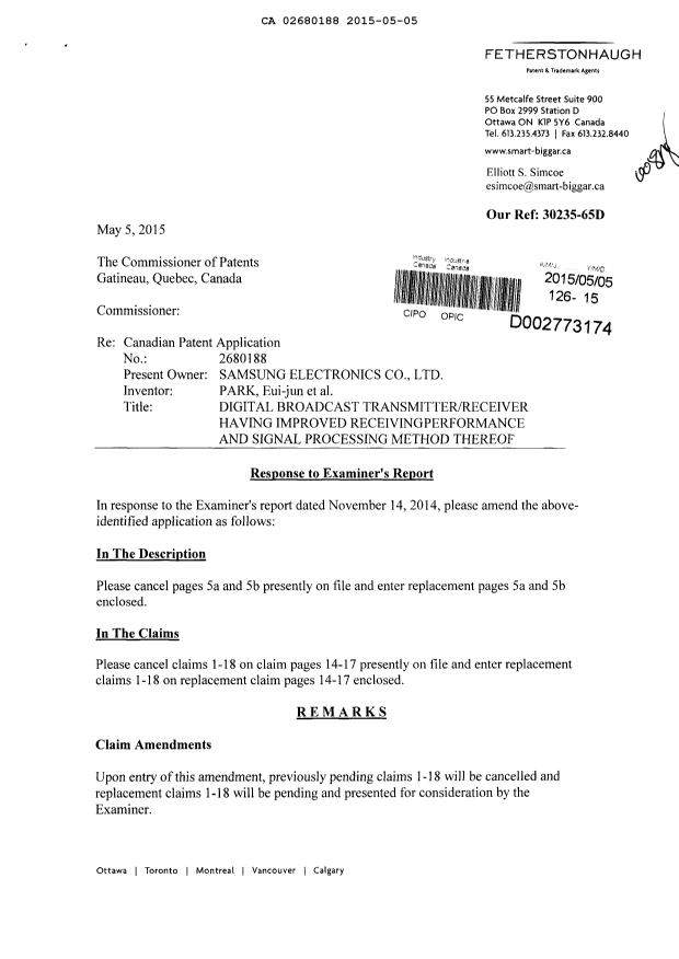 Canadian Patent Document 2680188. Prosecution-Amendment 20150505. Image 1 of 13