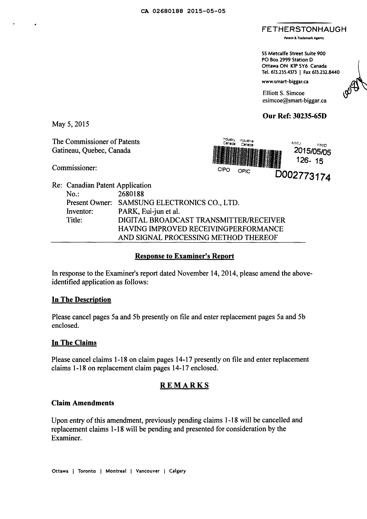 Canadian Patent Document 2680188. Prosecution-Amendment 20150505. Image 1 of 13