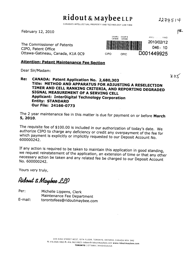 Canadian Patent Document 2680303. Fees 20100212. Image 1 of 1
