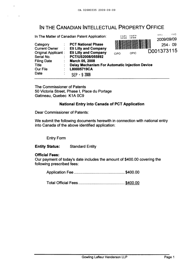 Document de brevet canadien 2680335. Cession 20090909. Image 1 de 4