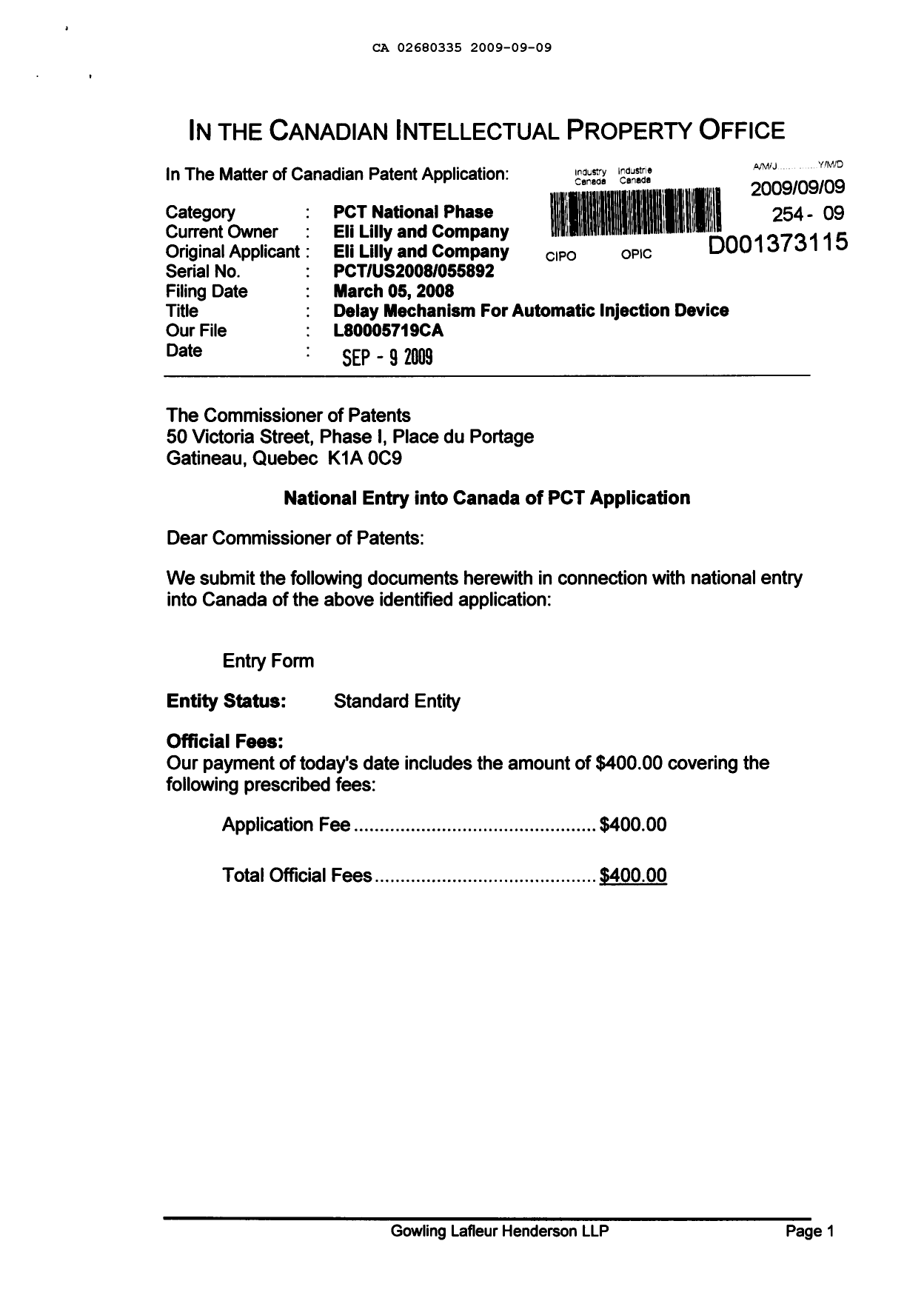 Canadian Patent Document 2680335. Assignment 20090909. Image 1 of 4