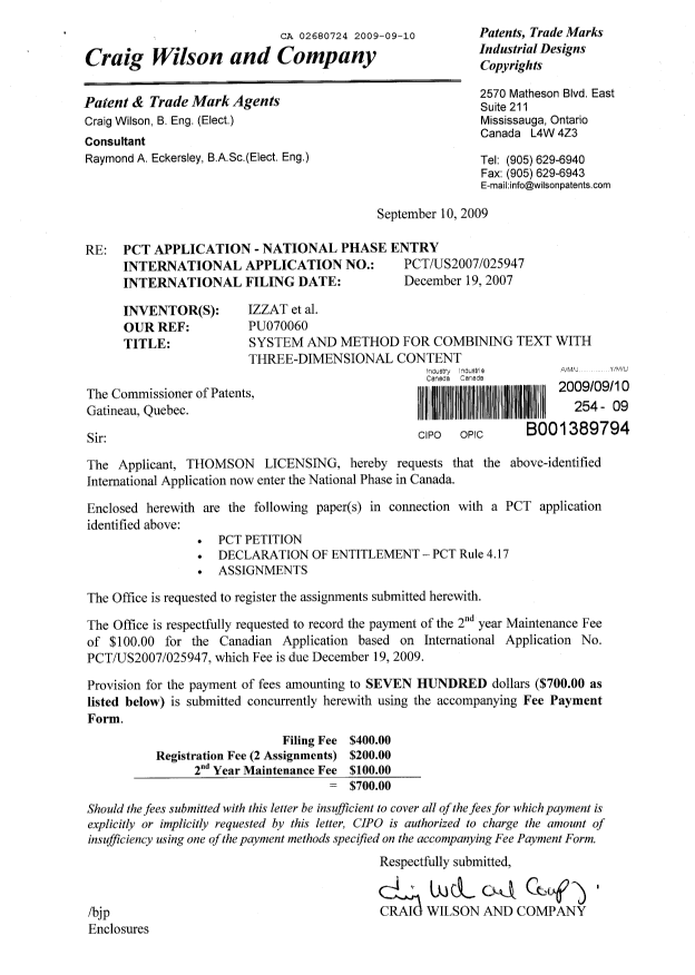 Document de brevet canadien 2680724. Cession 20090910. Image 1 de 5