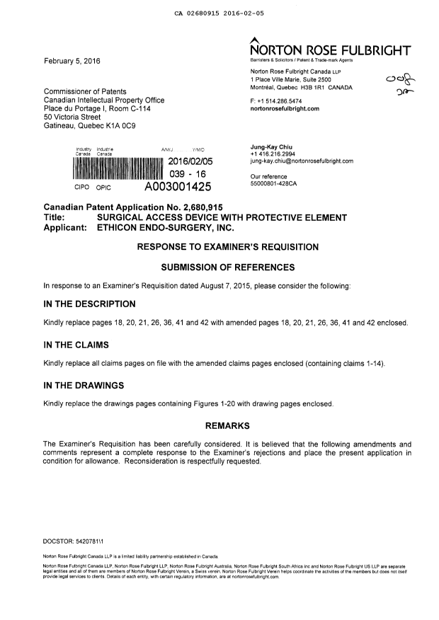 Canadian Patent Document 2680915. Amendment 20160205. Image 1 of 54