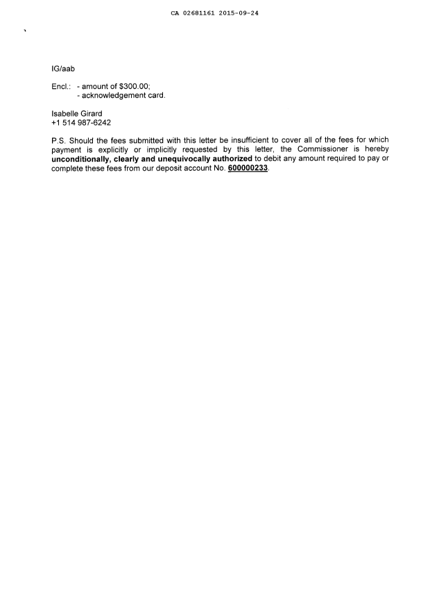 Document de brevet canadien 2681161. Taxe finale 20150924. Image 2 de 2