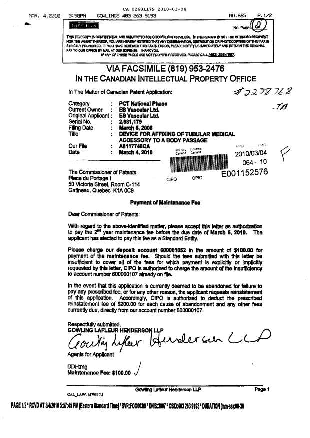 Canadian Patent Document 2681179. Fees 20100304. Image 1 of 1