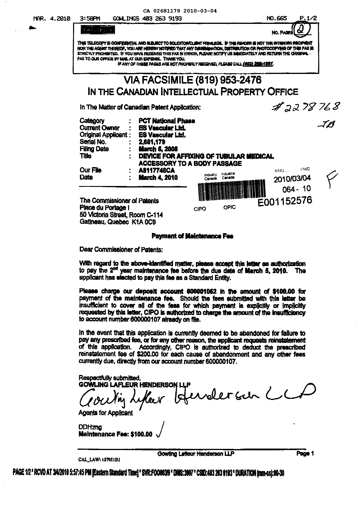 Canadian Patent Document 2681179. Fees 20100304. Image 1 of 1