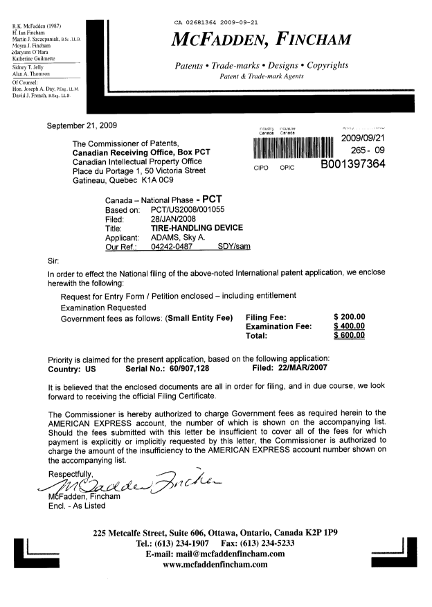 Canadian Patent Document 2681364. Assignment 20090921. Image 1 of 2
