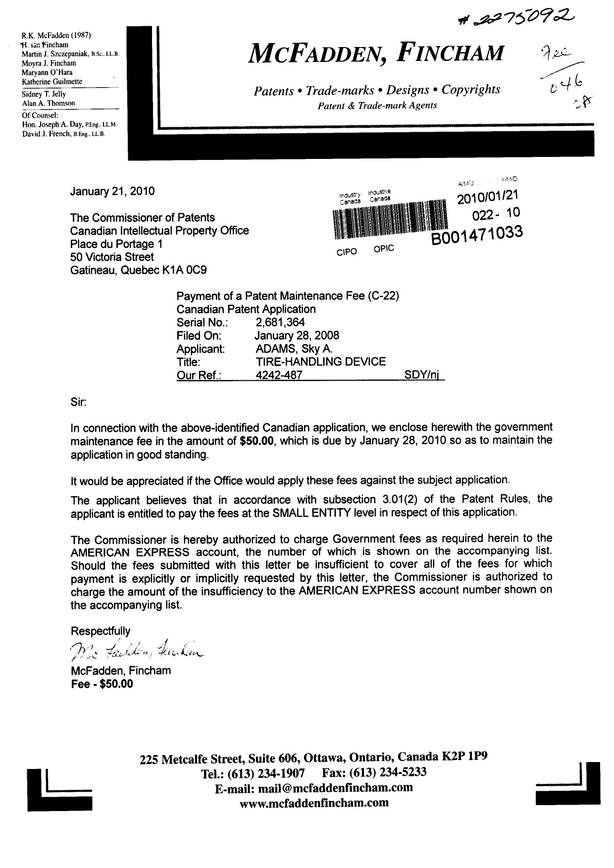 Canadian Patent Document 2681364. Correspondence 20100121. Image 1 of 1