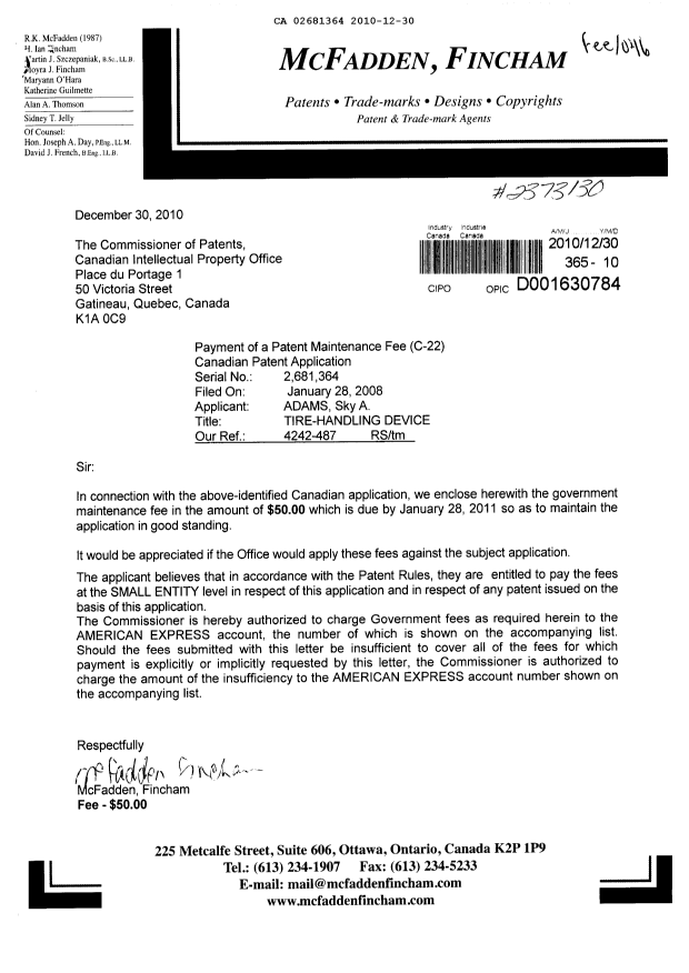 Document de brevet canadien 2681364. Correspondance 20101230. Image 1 de 1