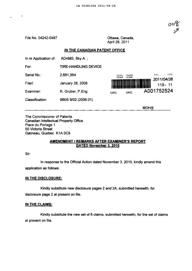 Canadian Patent Document 2681364. Prosecution-Amendment 20110428. Image 1 of 7
