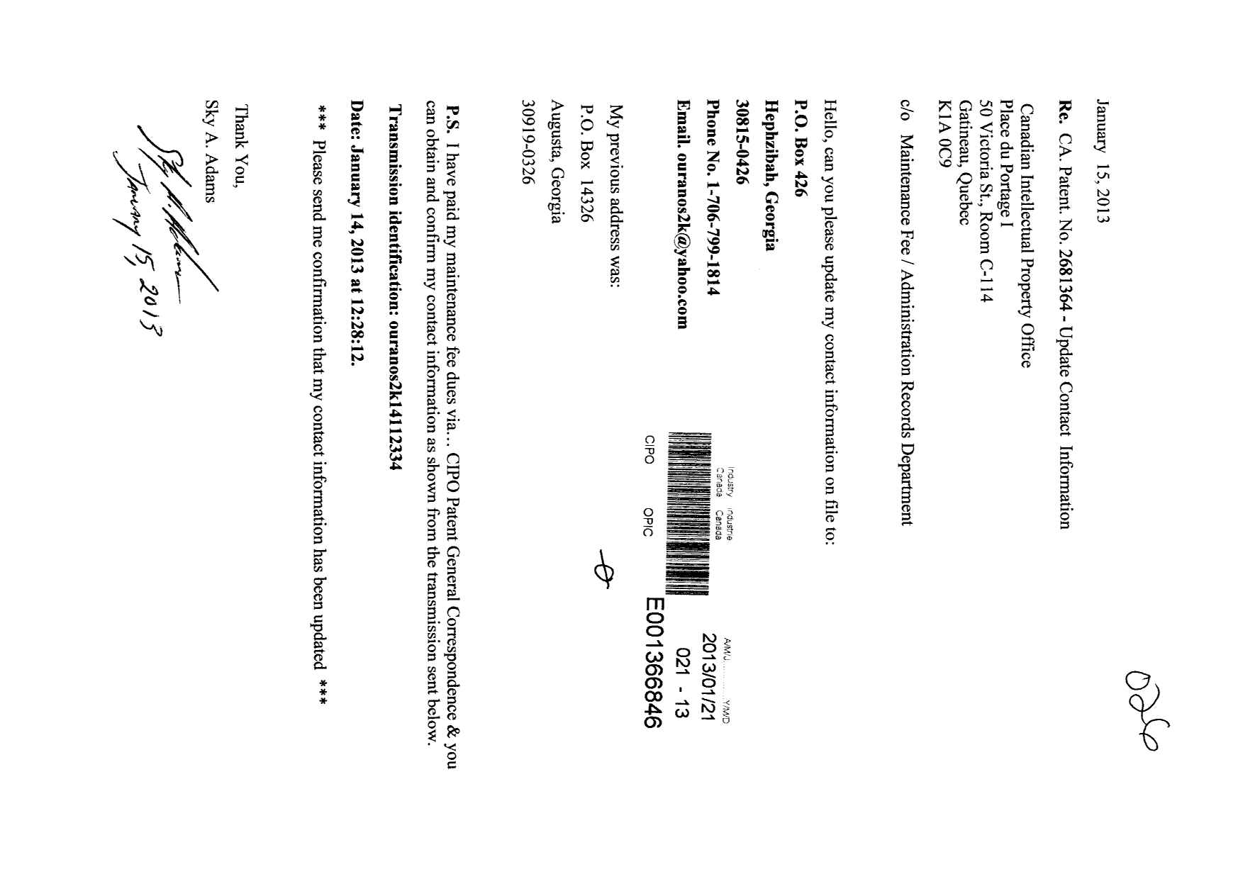 Canadian Patent Document 2681364. Correspondence 20121221. Image 1 of 1
