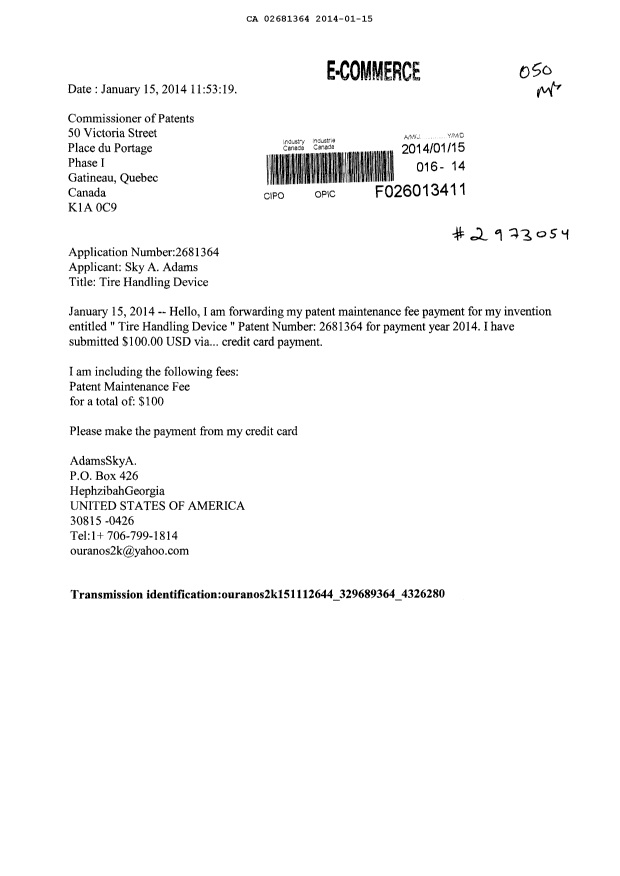 Document de brevet canadien 2681364. Taxes 20140115. Image 1 de 1