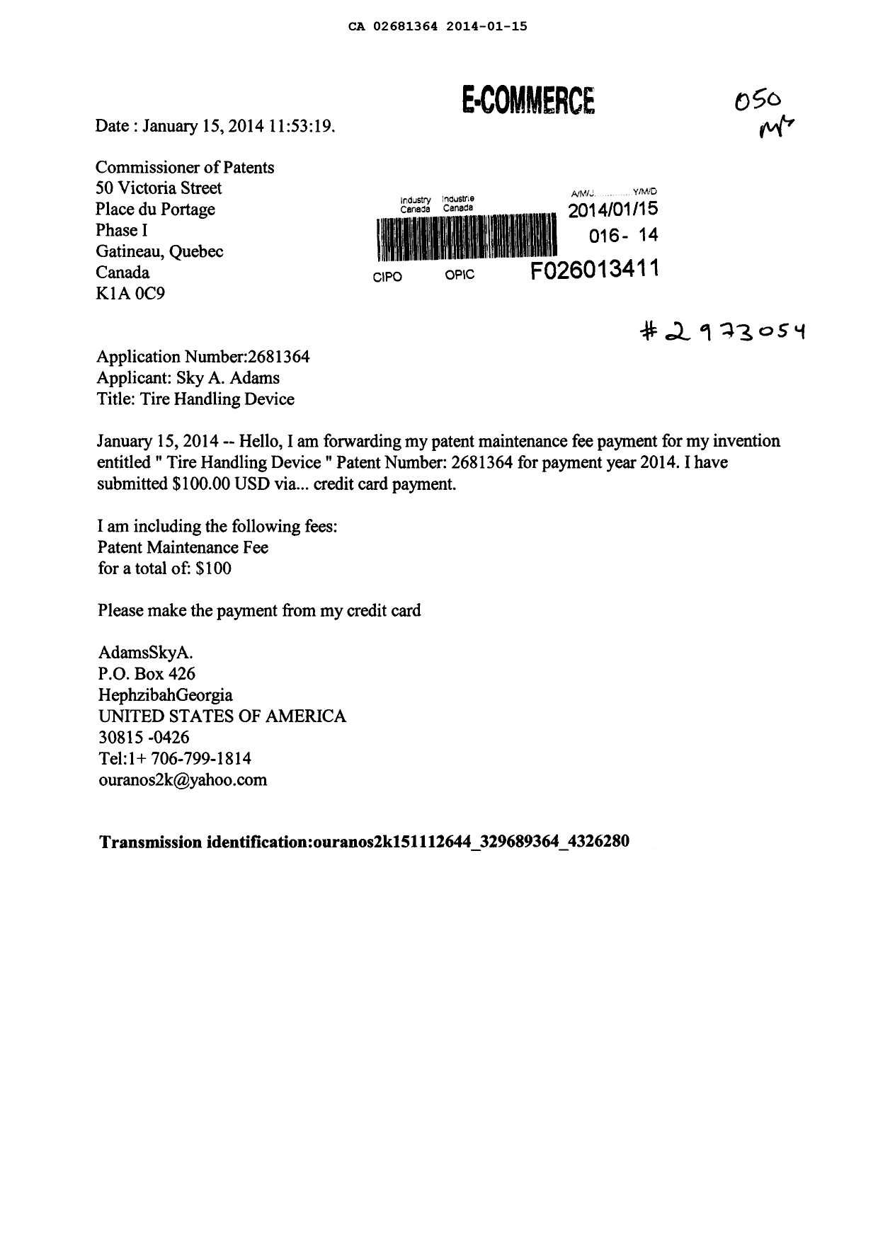 Canadian Patent Document 2681364. Fees 20140115. Image 1 of 1