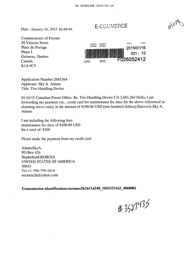 Canadian Patent Document 2681364. Fees 20141216. Image 1 of 1