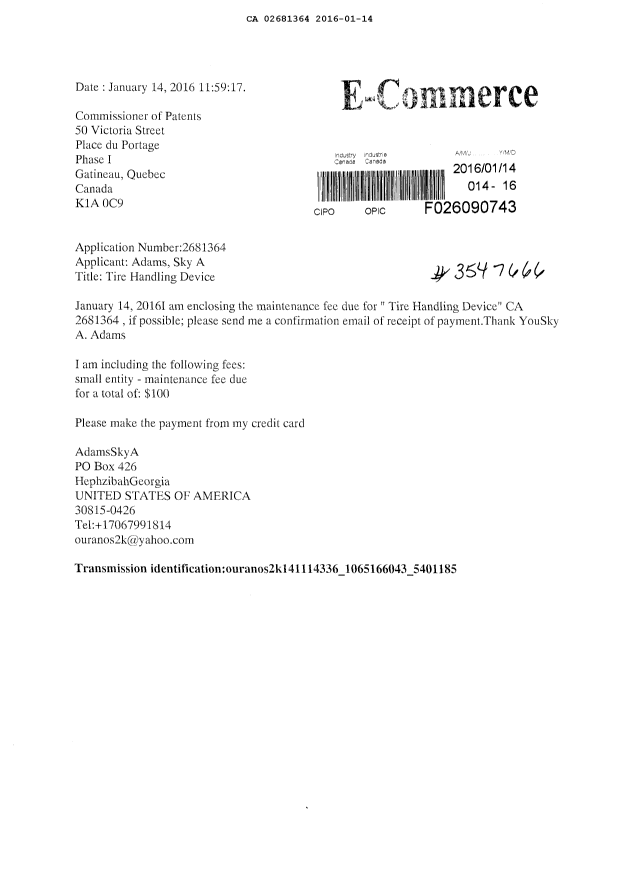 Document de brevet canadien 2681364. Taxes 20160114. Image 1 de 1