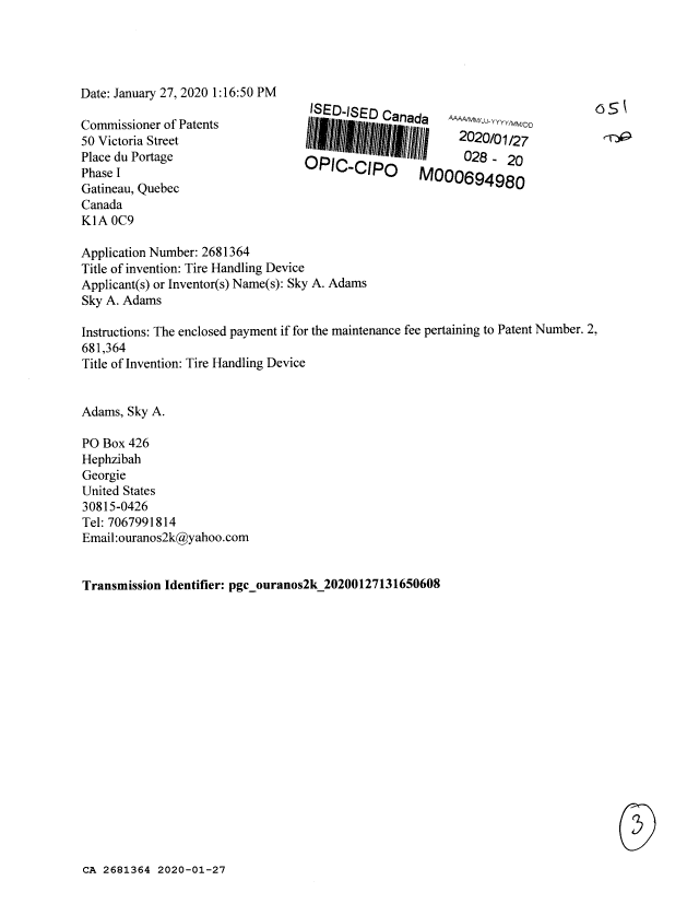 Canadian Patent Document 2681364. Maintenance Fee Correspondence 20200127. Image 1 of 3