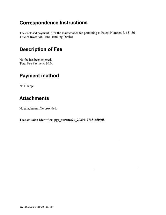 Canadian Patent Document 2681364. Maintenance Fee Correspondence 20200127. Image 3 of 3