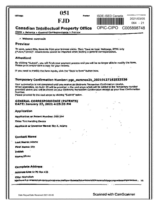 Canadian Patent Document 2681364. Maintenance Fee Correspondence 20210305. Image 1 of 3
