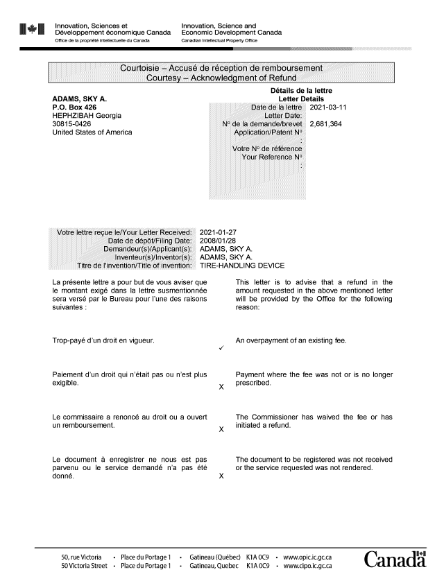 Document de brevet canadien 2681364. Lettre du bureau 20210311. Image 1 de 2